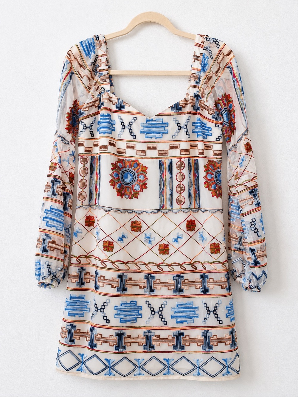 ALI & JAY Cream Mini Dress with Blue and Brown Embroidery